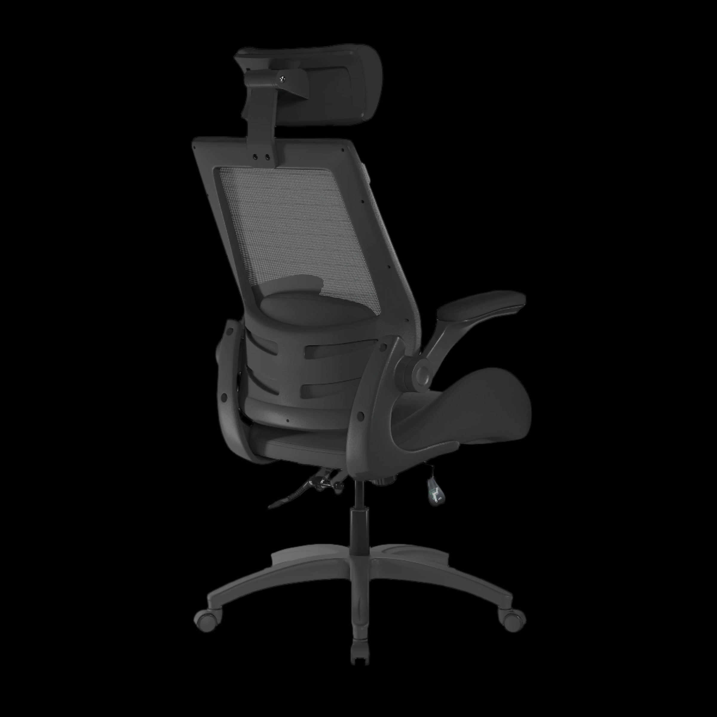 Black office chair with adjustable headrest on a black background