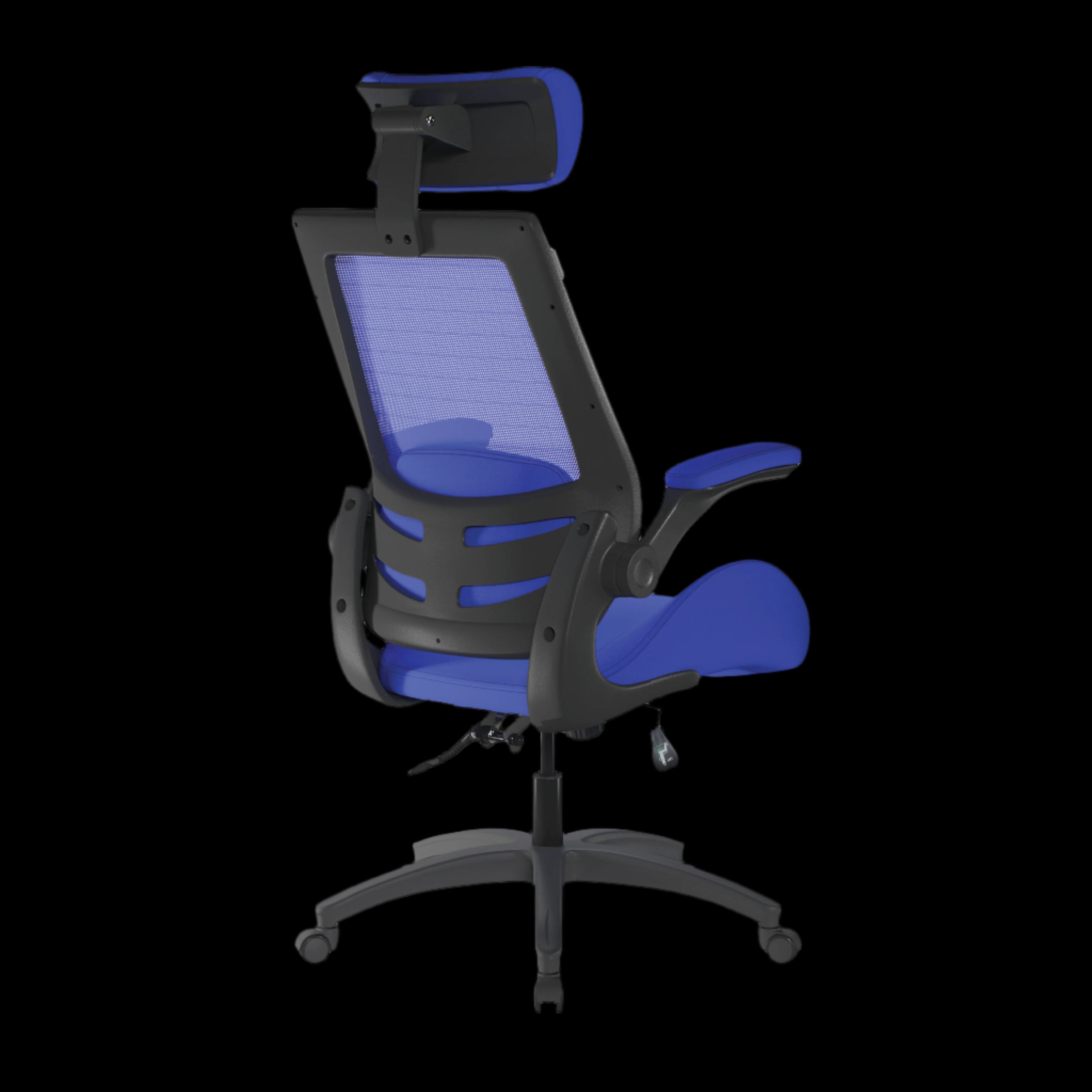 Blue and black office chair on a black background