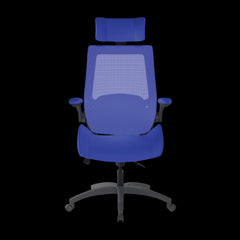 Blue office chair with mesh back on a black background