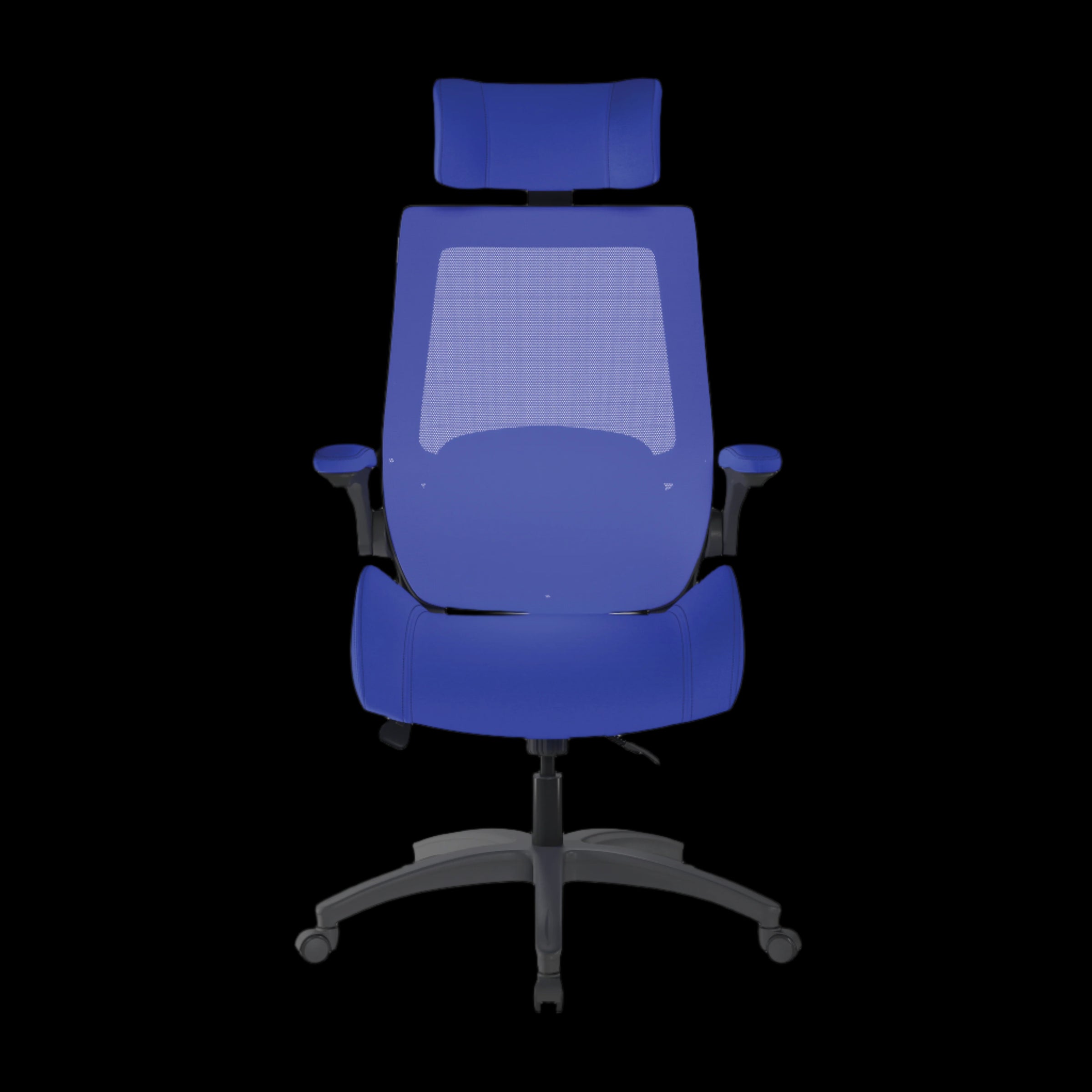 Blue office chair with mesh back on a black background