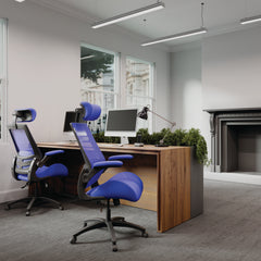Modern office setup with blue ergonomic chairs and a wooden desk.