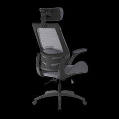 grey office chair with mesh backrest on a black background