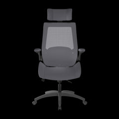 grey office chair with headrest on a black background