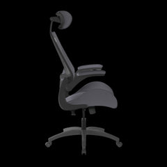 Gray office chair with adjustable features on a black background