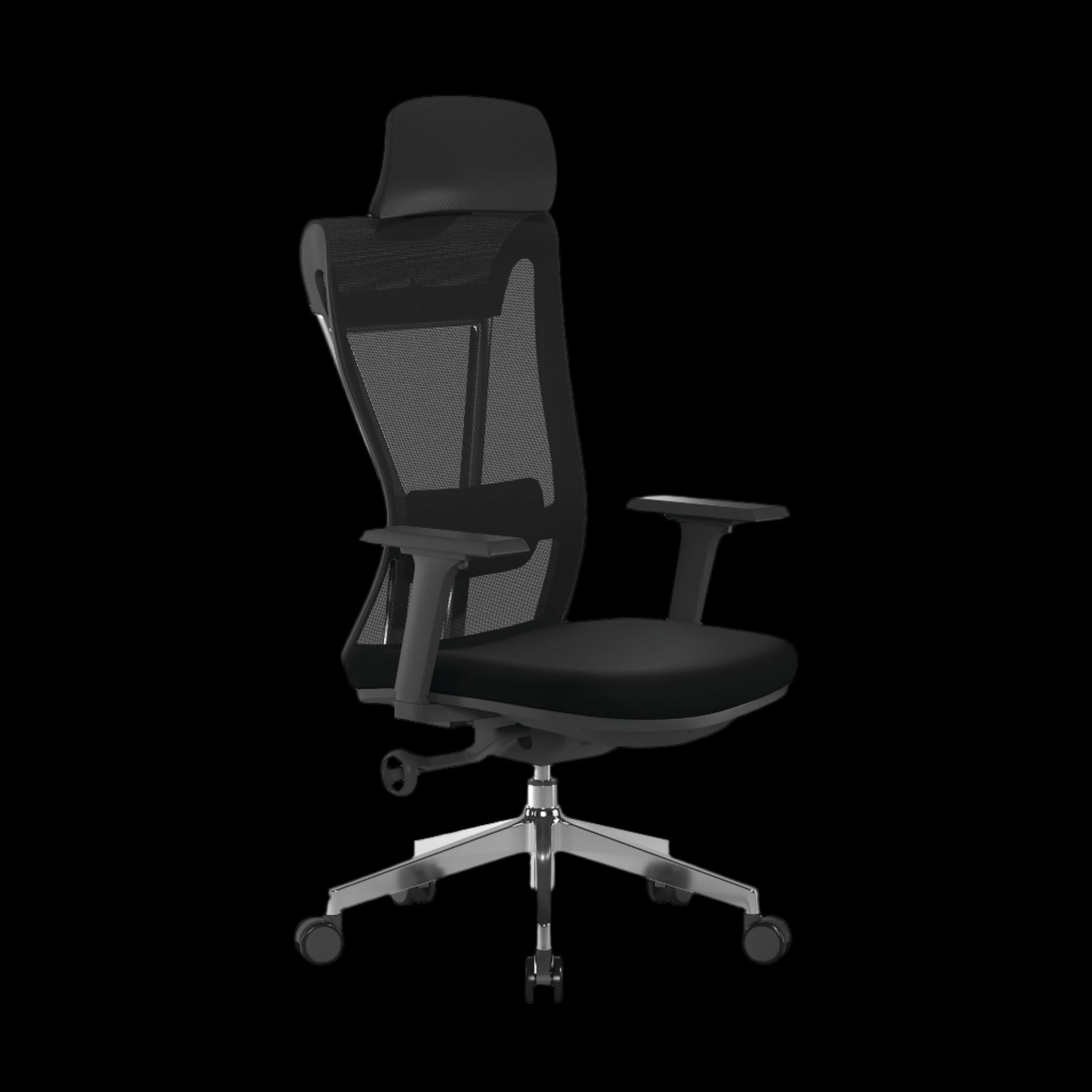 Black office chair with mesh backrest on a black background