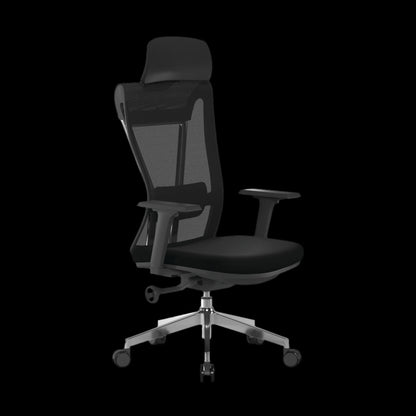 Black office chair with mesh backrest on a black background