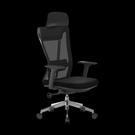 Black office chair with mesh backrest on a black background