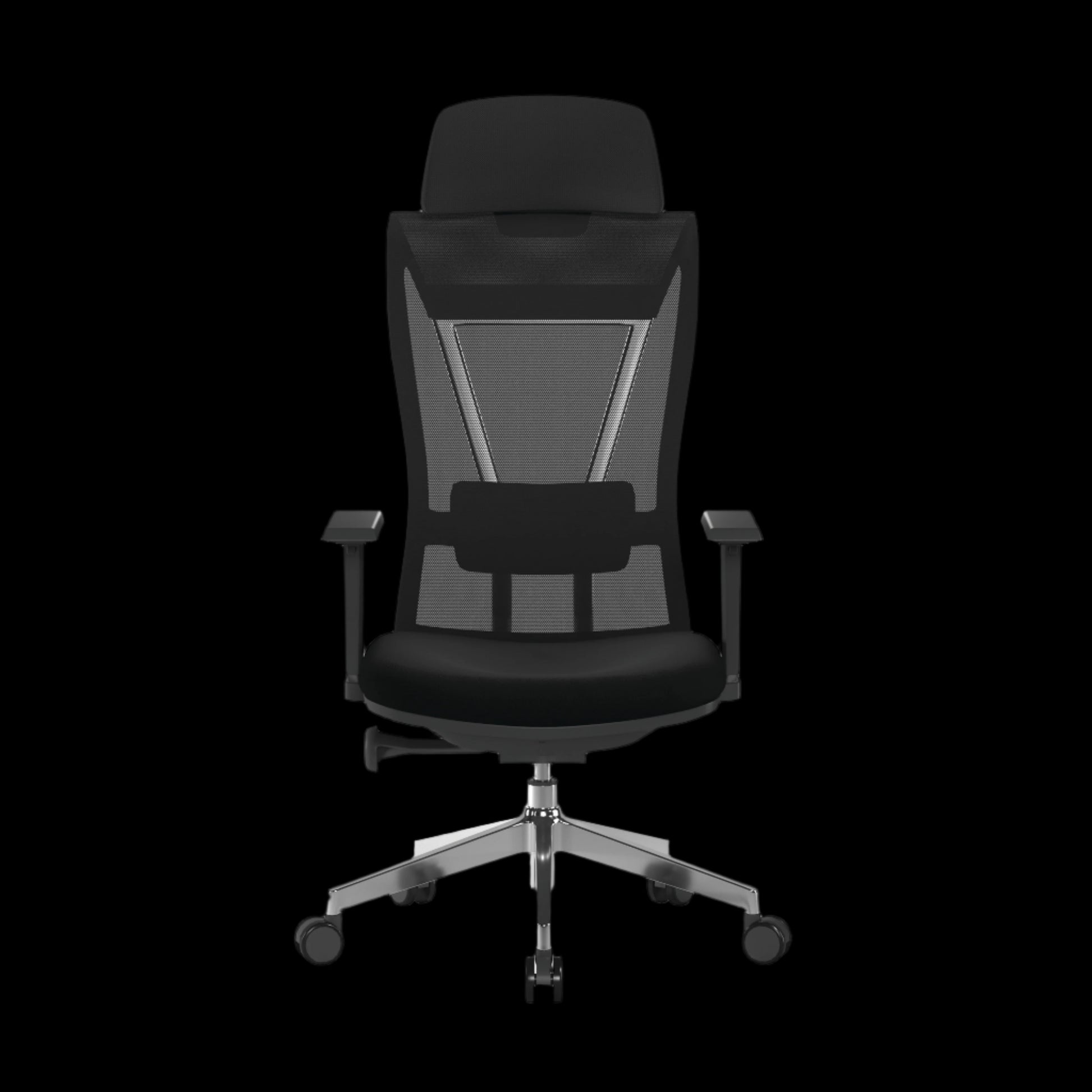 Black office chair with mesh backrest on a black background