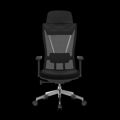 Black office chair with mesh backrest on a black background