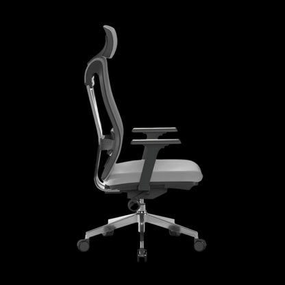 Ergonomic office chair with adjustable backrest on a black background