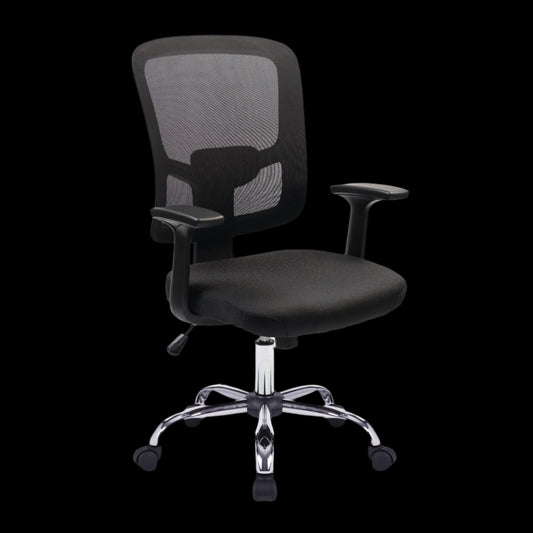 Black office chair with mesh backrest on a black background