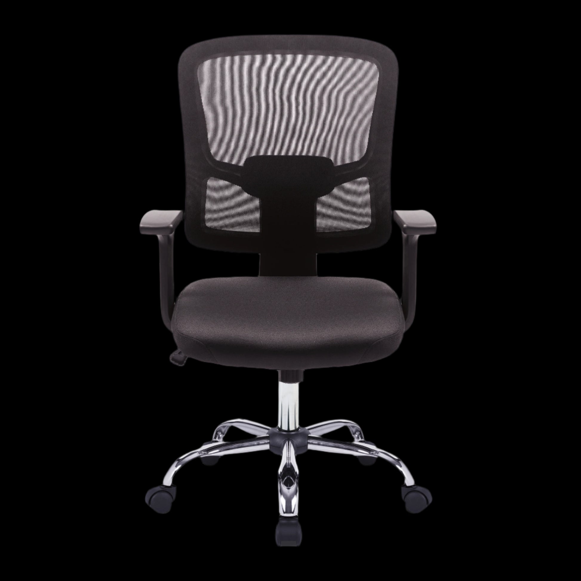 Black office chair with mesh back on a black background