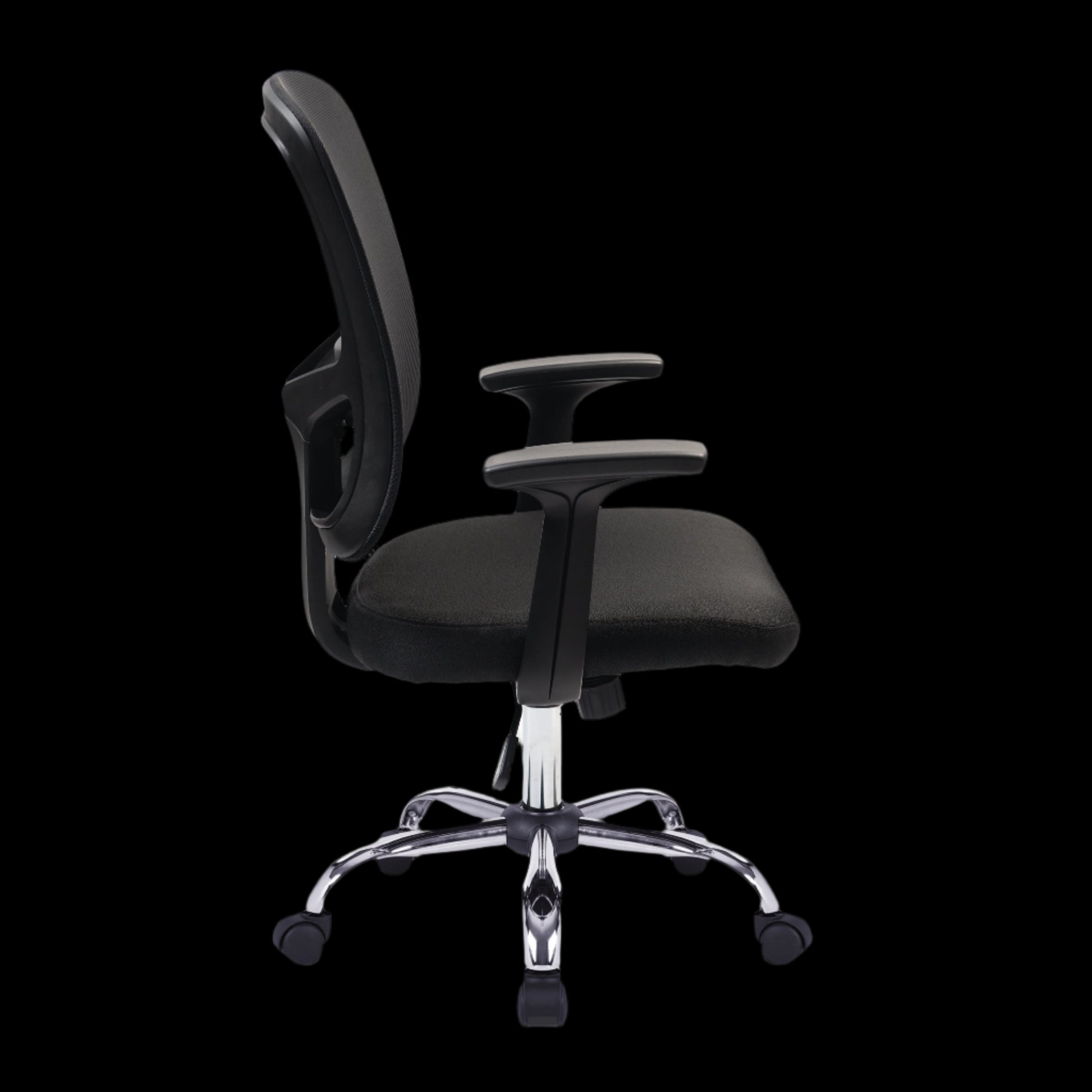 Black office chair with chrome base on a black background
