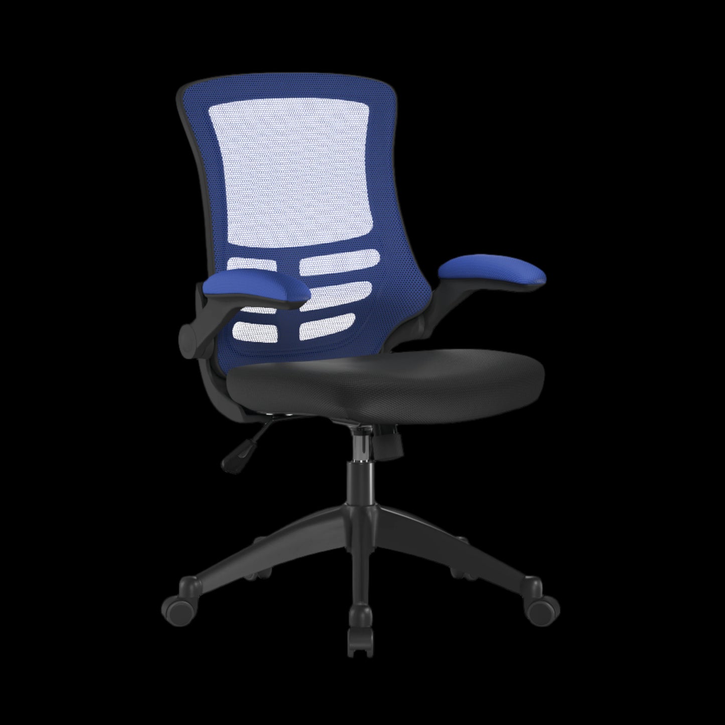 Blue office chair with black base on a black background