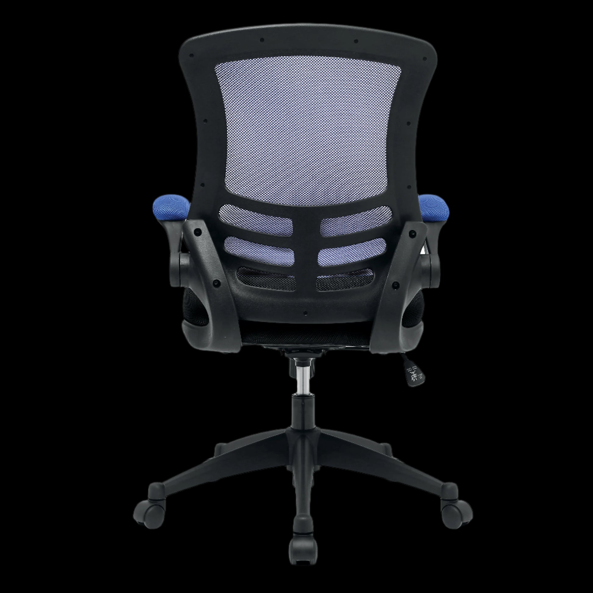 Black office chair with blue armrests on a black background