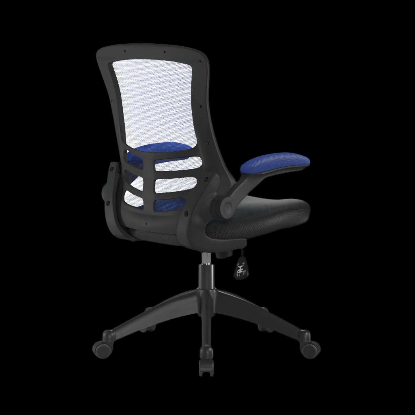 Black office chair with blue accents on a black background