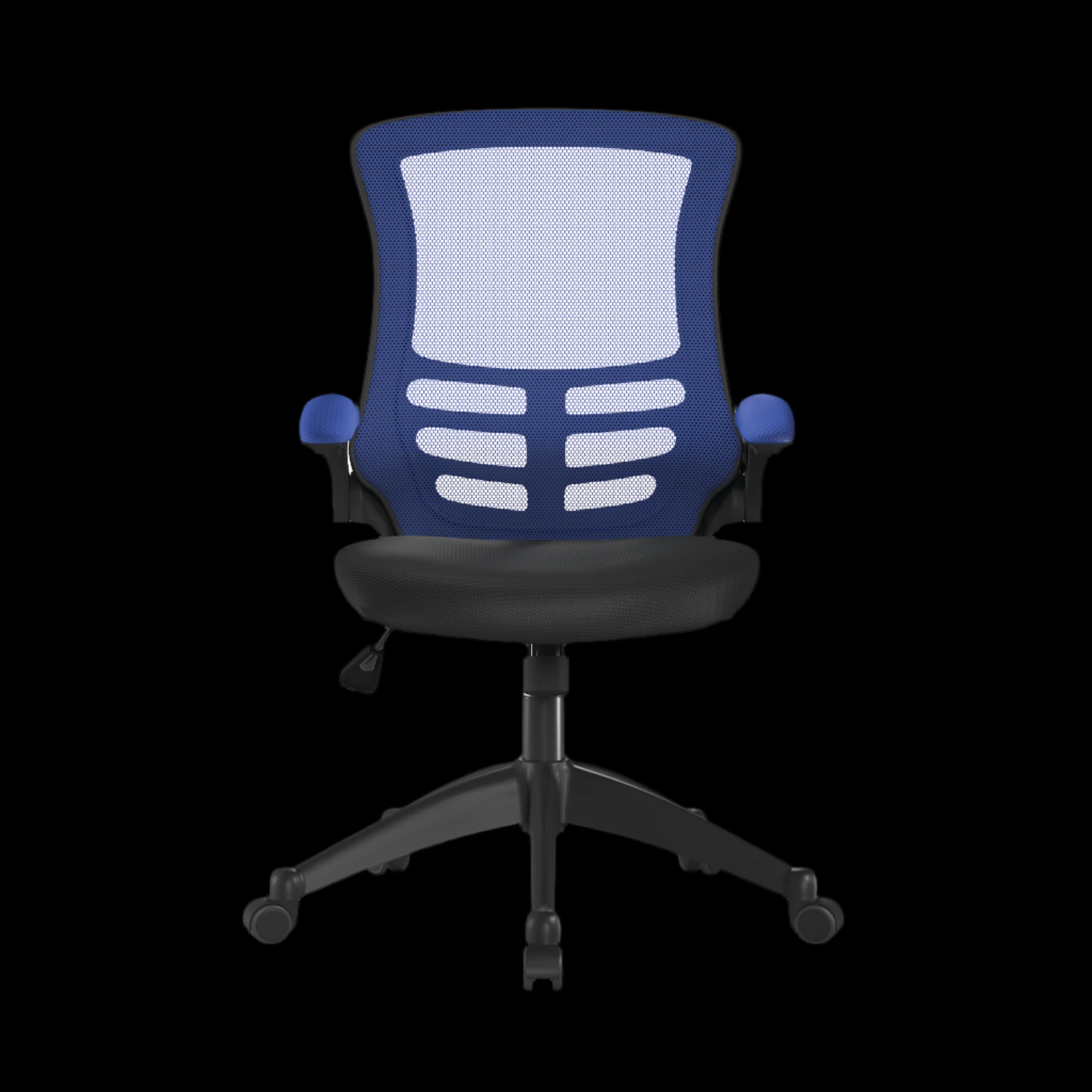 Blue office chair with black base on a black background