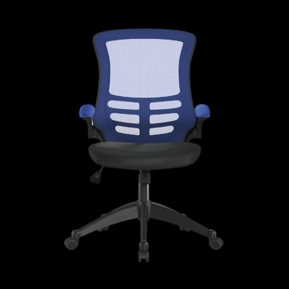 Blue office chair with black base on a black background