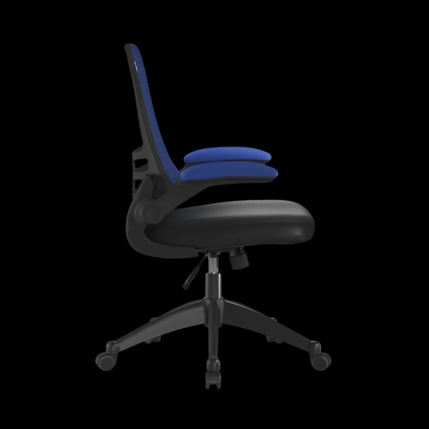 Black office chair with blue backrest on a black background