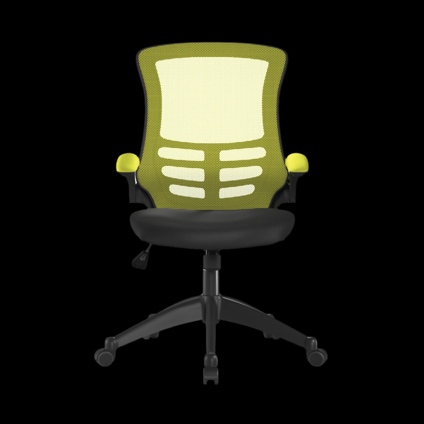 Green office chair with black base on a black background