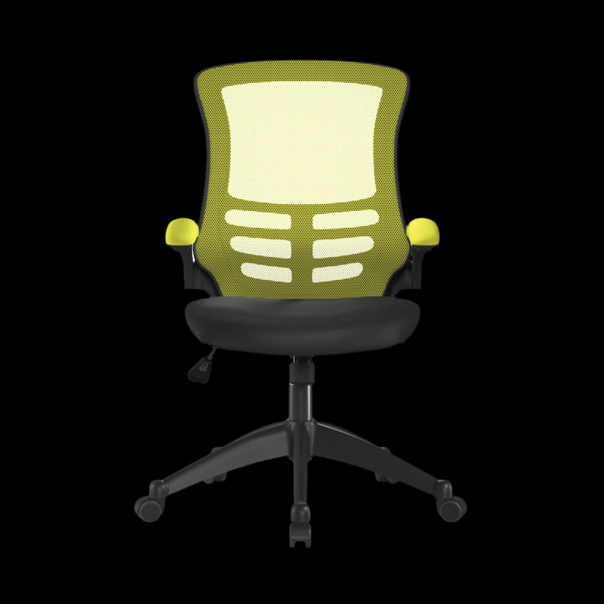 Green office chair with black base on a black background