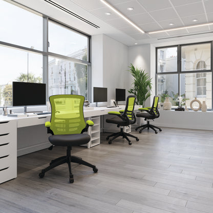 Modern office with green chairs and black desks