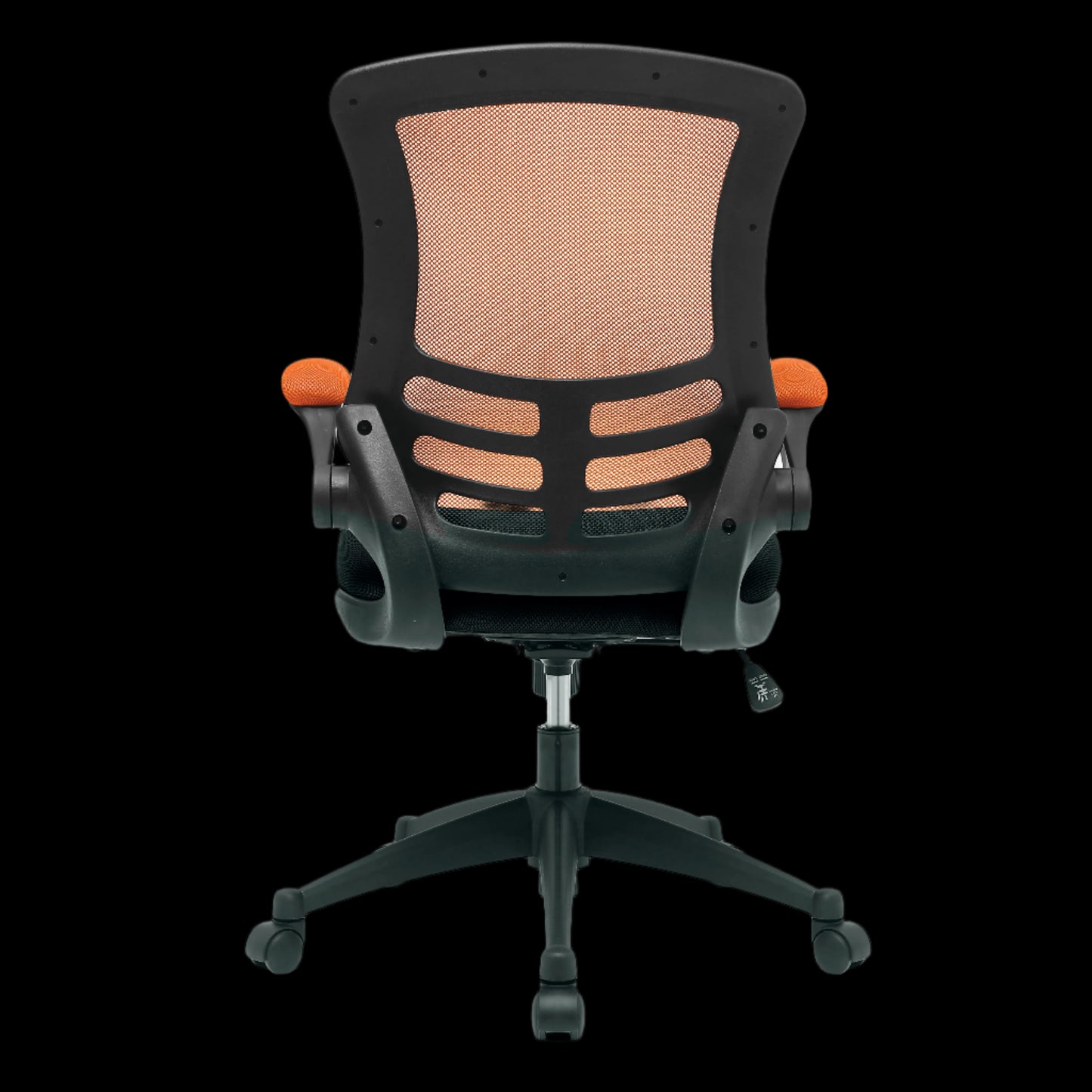 Black office chair with orange accents on a black background