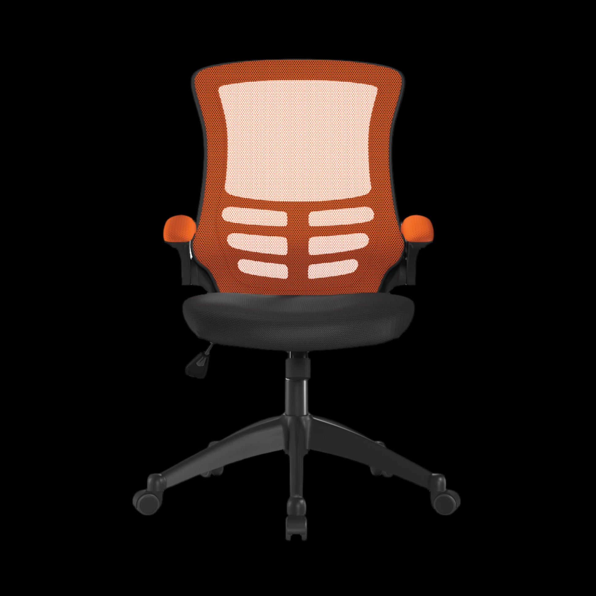 Chair with orange mesh back and black base on a black background