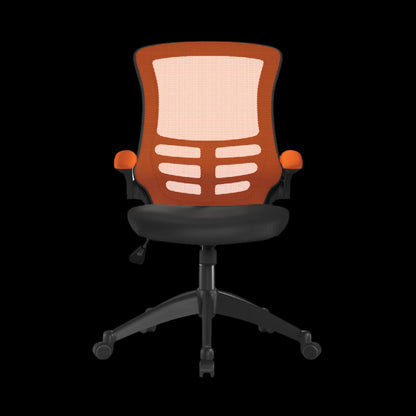 Chair with orange mesh back and black base on a black background