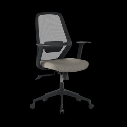 Office chair with mesh backrest and gray seat on a black background