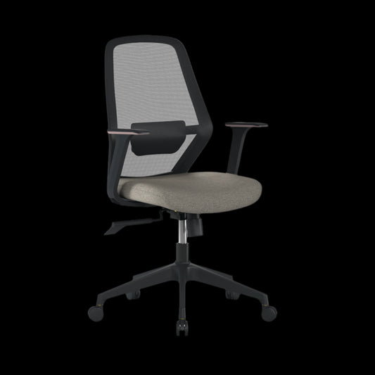 Office chair with mesh backrest and gray seat on a black background