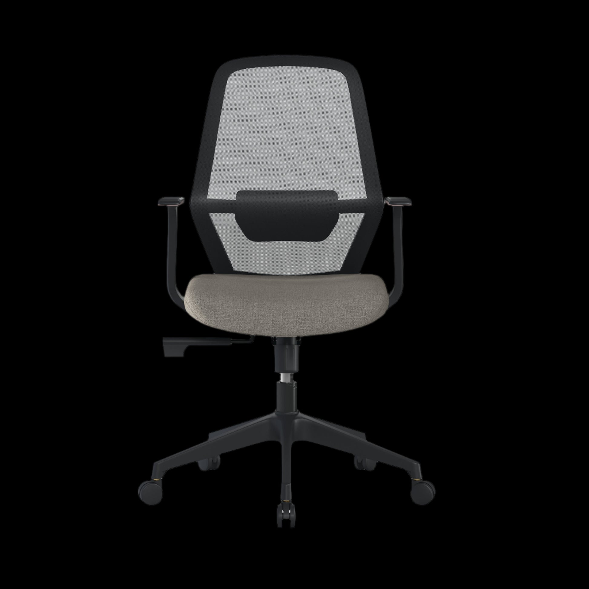 Office chair with gray mesh backrest and green seat on a black background