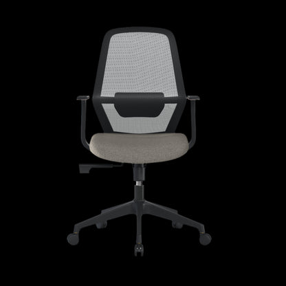 Office chair with gray mesh backrest and green seat on a black background