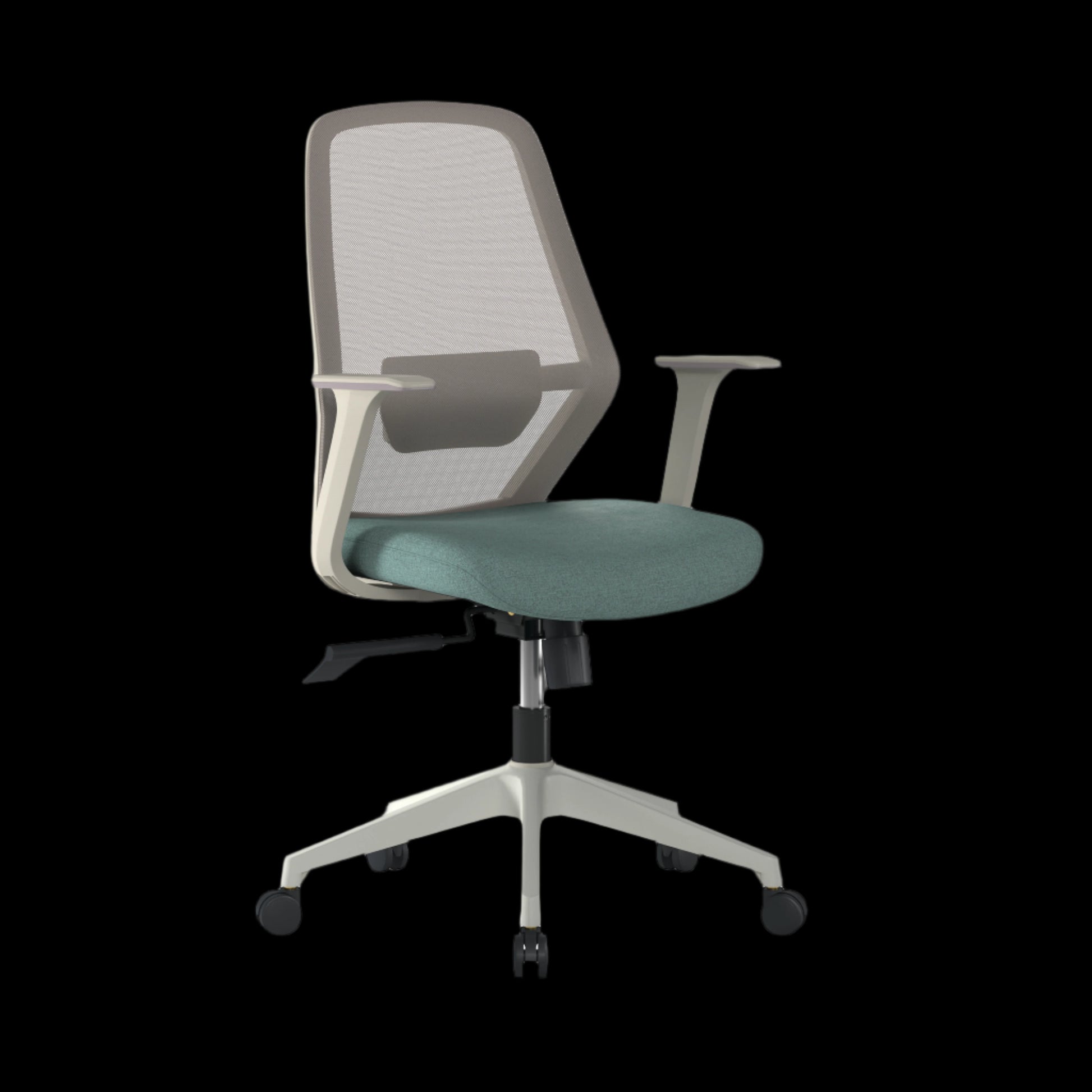 Green office chair with mesh backrest on a black background