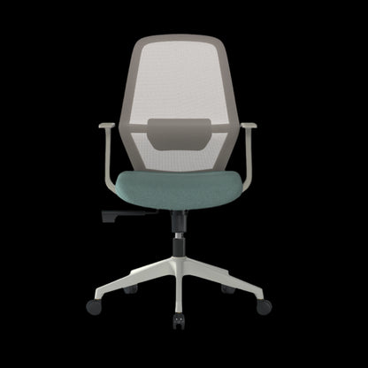 Green office chair with mesh back on a black background