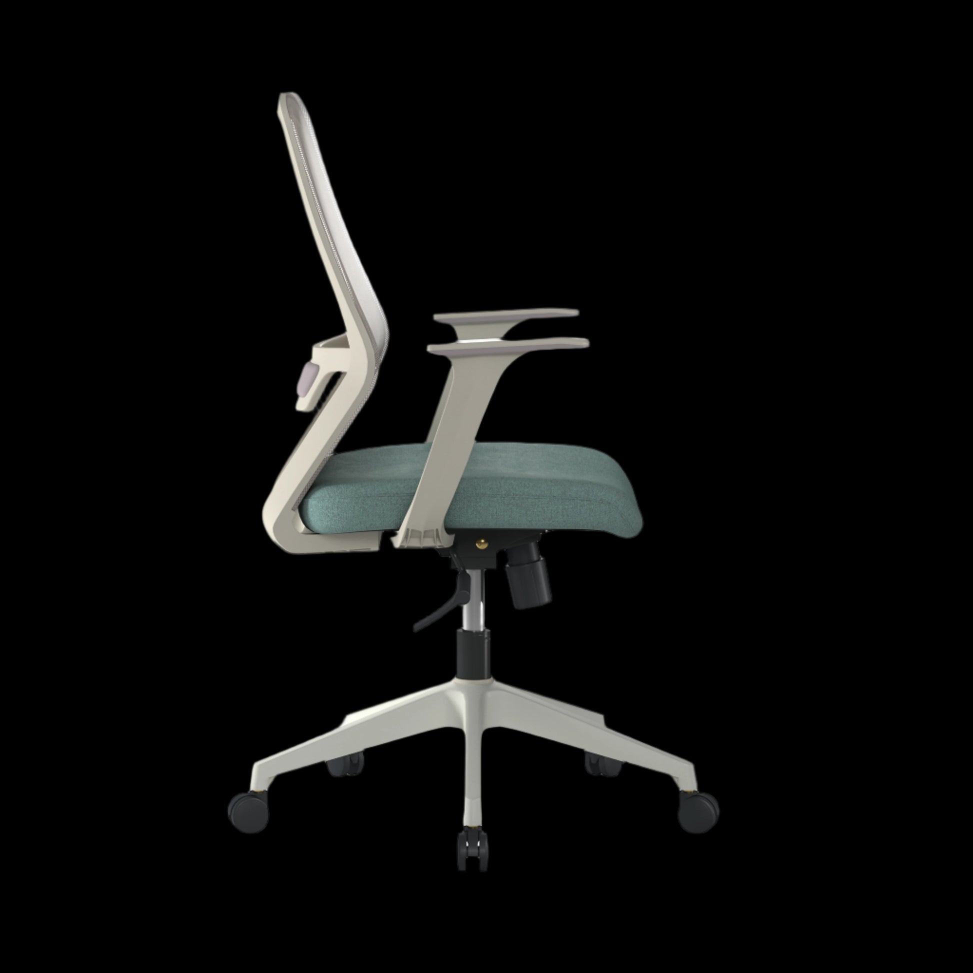 Green office chair with white frame on a black background