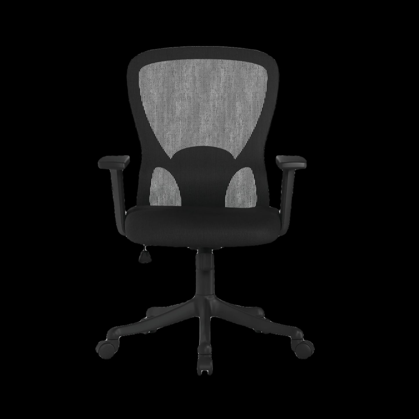 Black office chair with mesh back on a black background