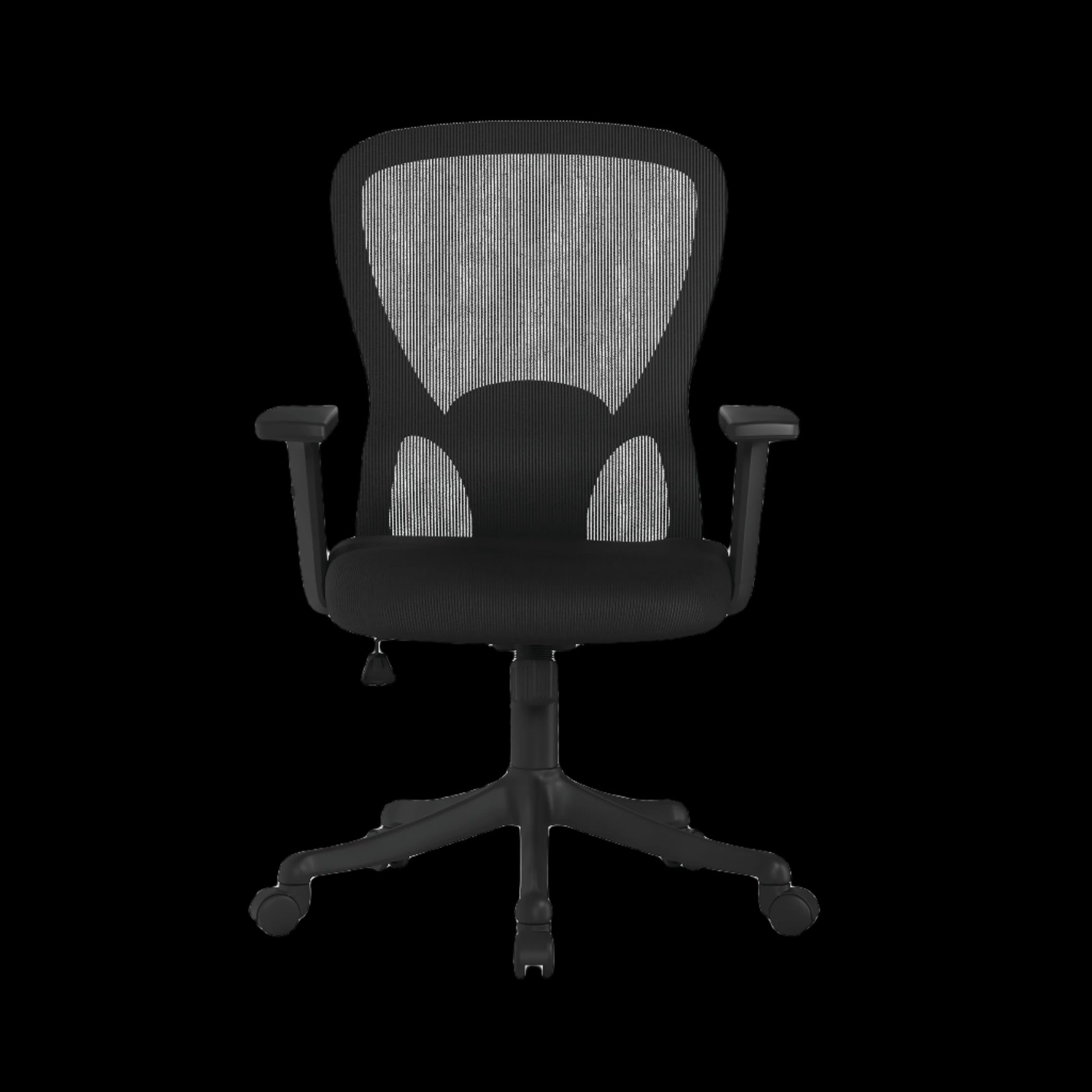 Black office chair with mesh back on a black background