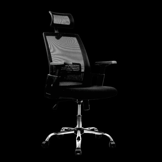 Black office chair with mesh backrest on a black background