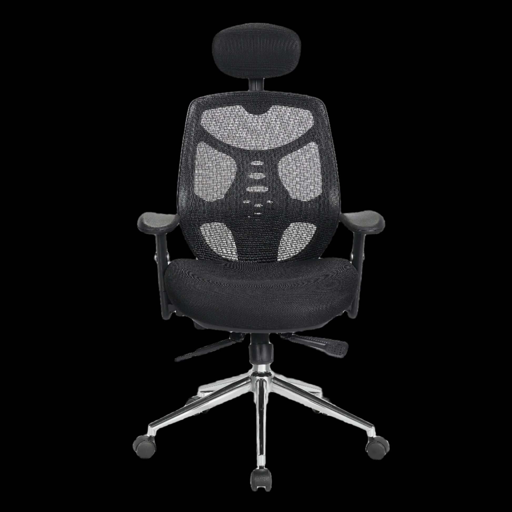 Black office chair with mesh back and headrest on a black background