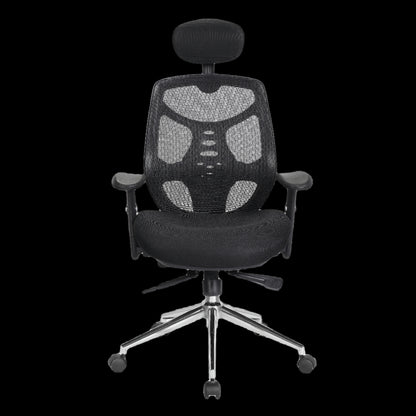 Black office chair with mesh back and headrest on a black background