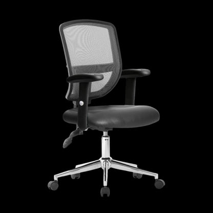 Black office chair with mesh backrest on a black background