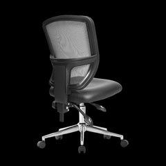 Black office chair with mesh backrest on a black background