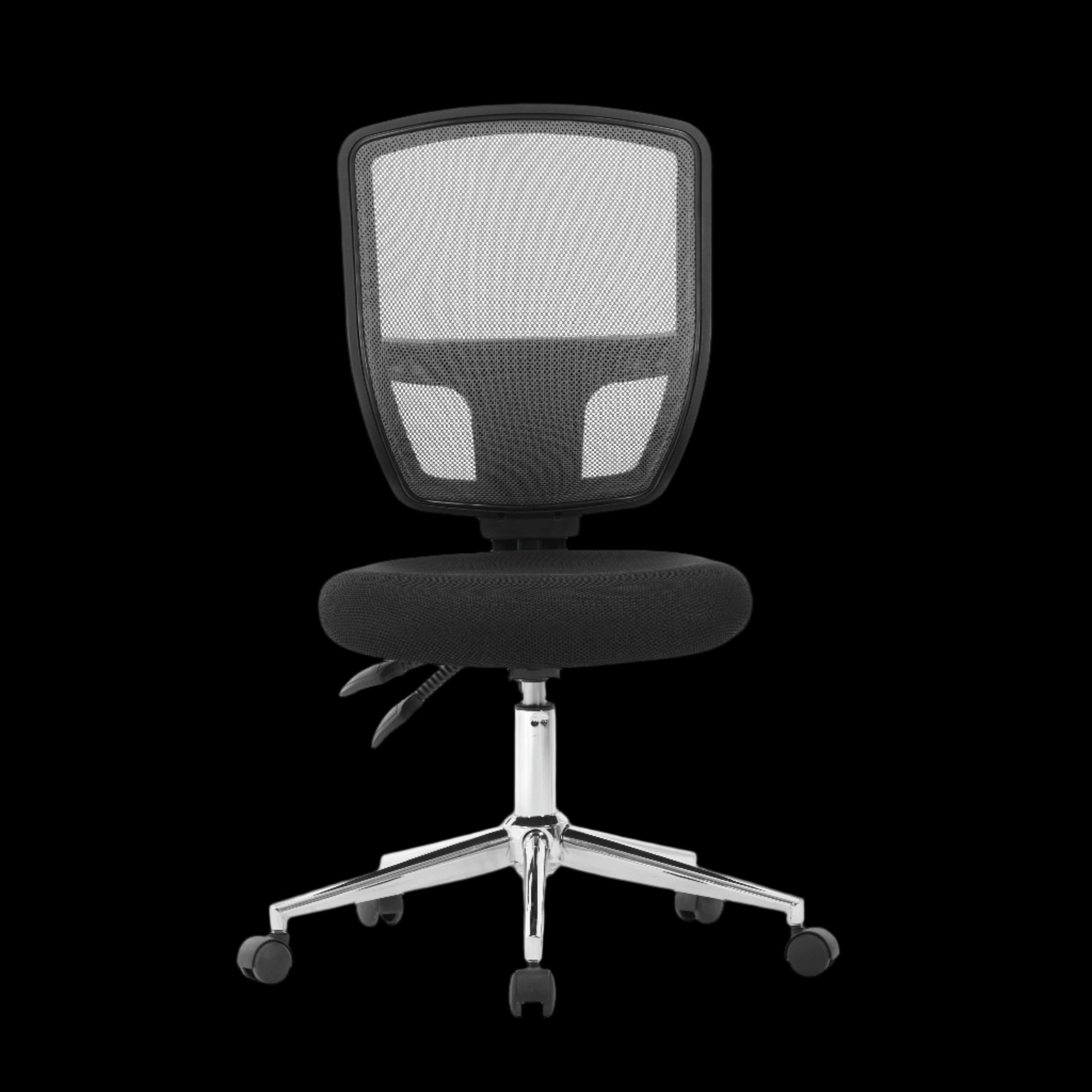 Black office chair with mesh backrest on a black background