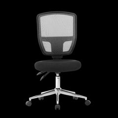 Black office chair with mesh backrest on a black background