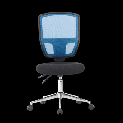 Blue office chair with mesh backrest on a black background