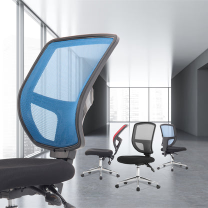 Modern office chairs with blue mesh backrests in a bright room.
