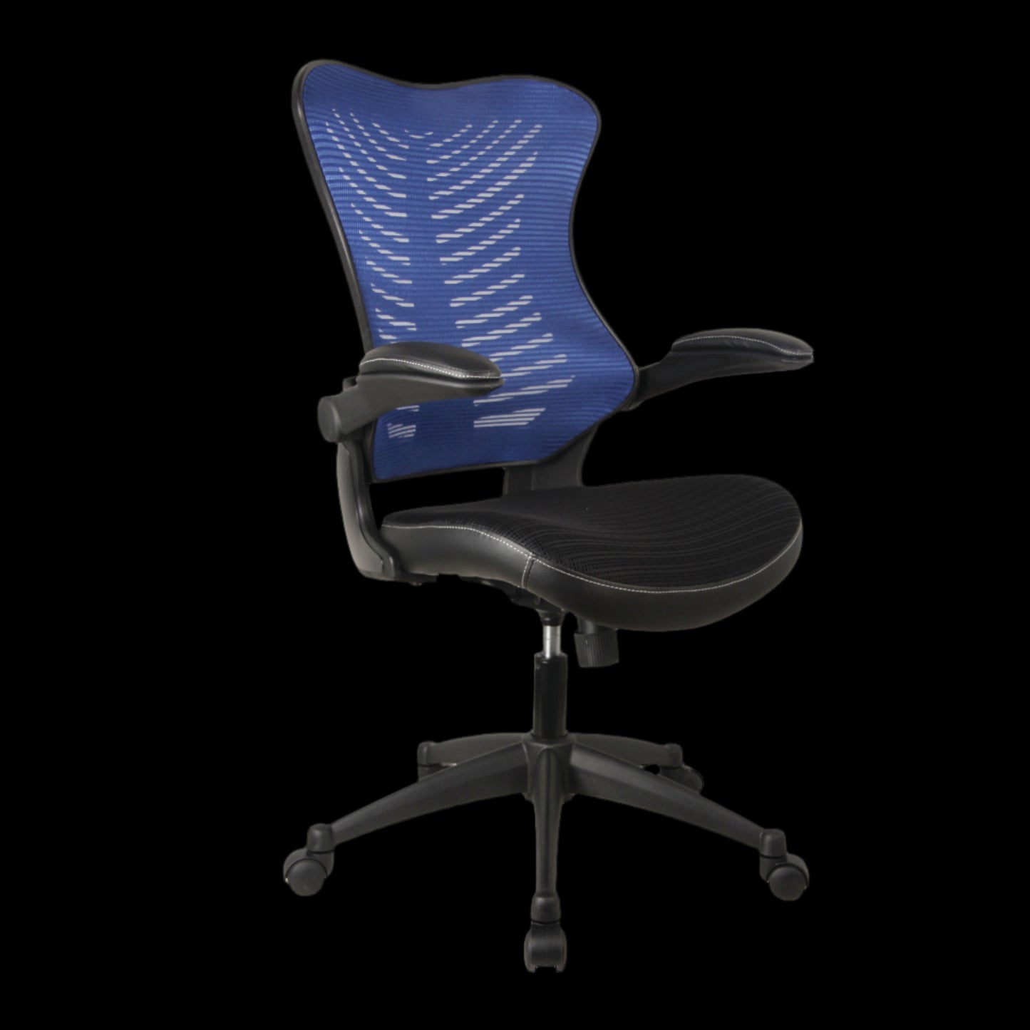 Black office chair with blue mesh back on a black background