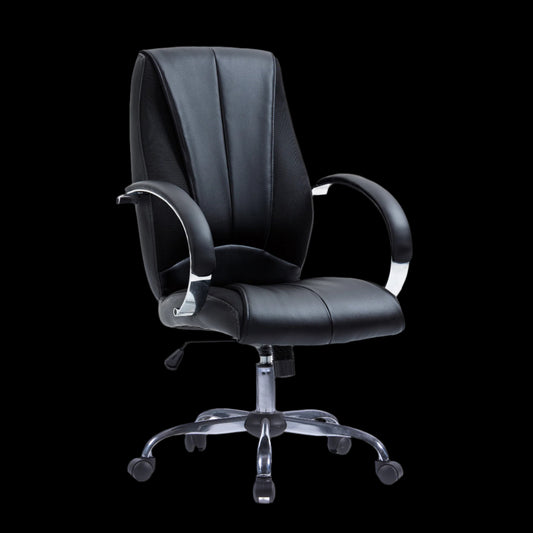 Black office chair with chrome accents on a black background
