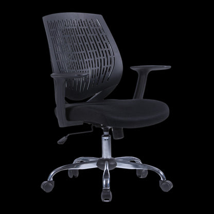 Black office chair with mesh backrest on a black background